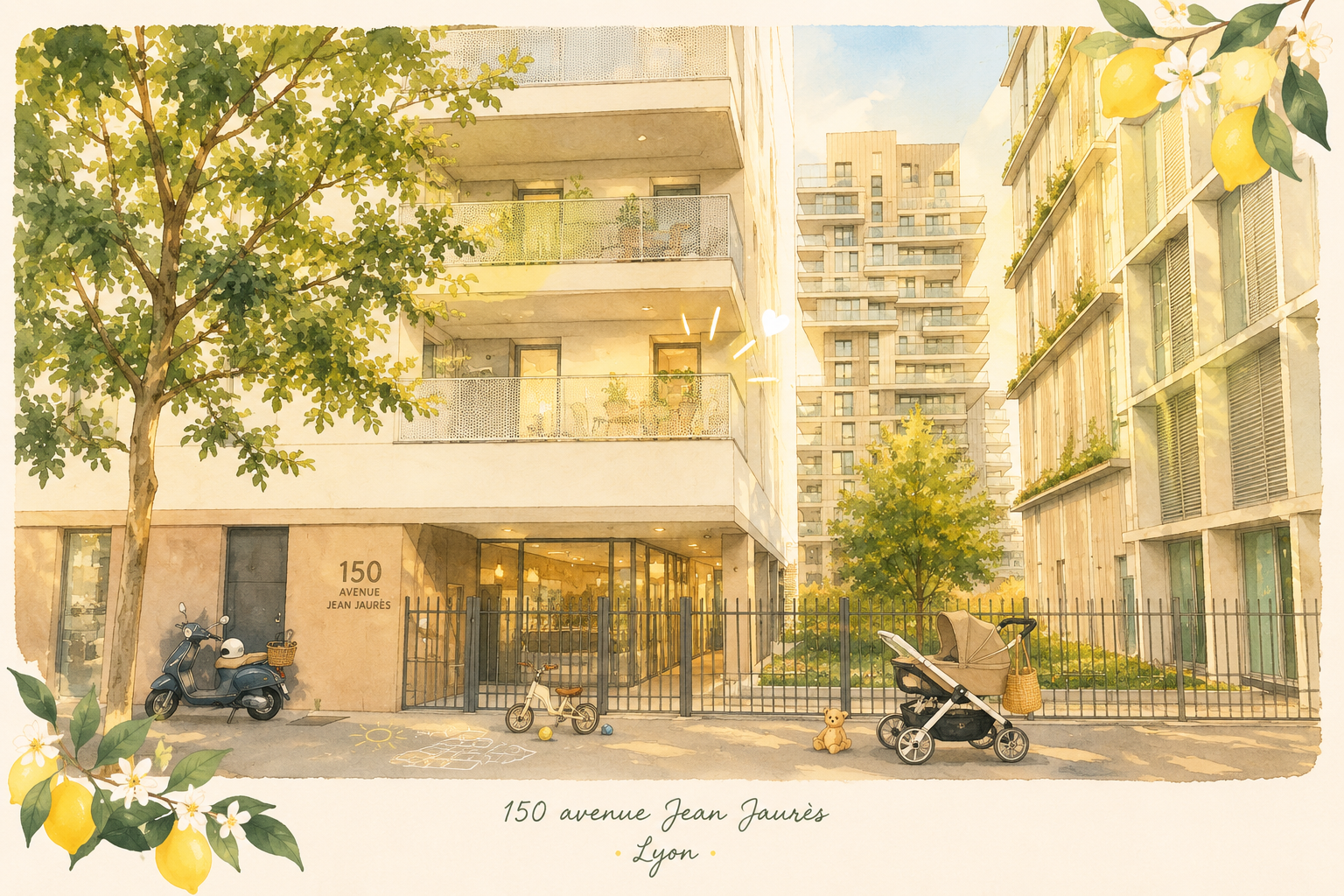 Le quartier autour de la Maison du Bonheur, à Lyon, en fin d'après-midi d'été